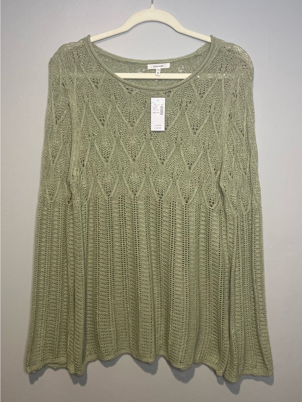 Maurice’s Sweater Womens Sz Med Sage Crochet Open Knit Pullover Long Sleeves NWT